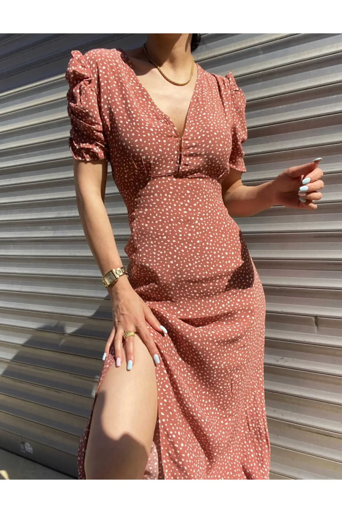 Платье в горошек из ЭВА вискоза молния короткий рукав тренд оранжевый