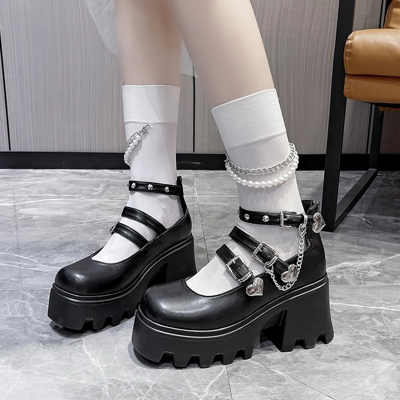 

Shoes for Women 2022 Metal Buckle Mary Janes Shoes Women Back Thick Platform Shoes Ladies Ankle Strap Square Heels Lolita Shoe