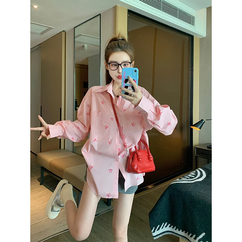 Розовые женские рубашки с бантом новинка 2024 ранняя осень дизайн корейская серия