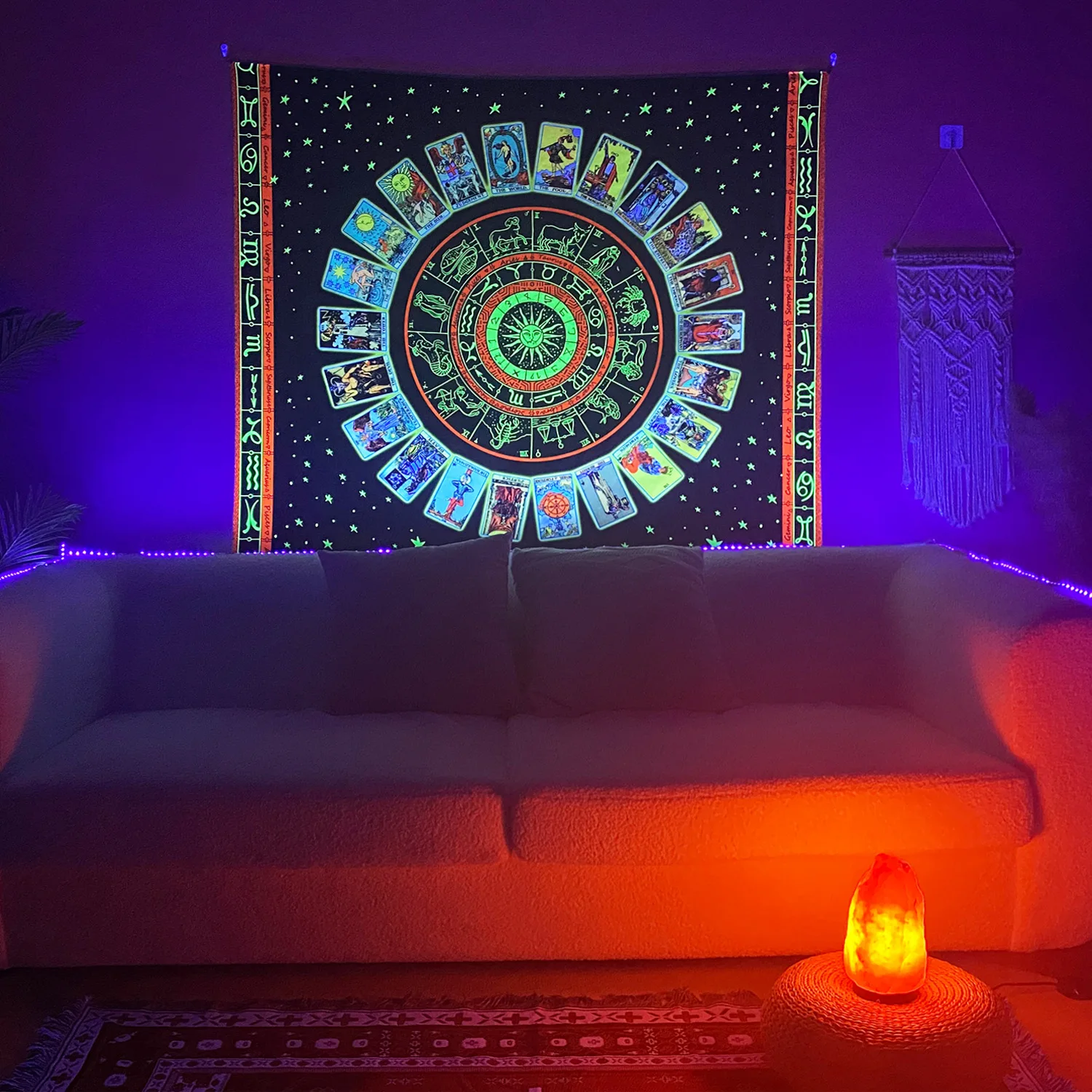 

Psychedelic Fluorescent Gypsy Skull Tarot Card Mandala Mushroom Aesthetic Room Decor Tapestry