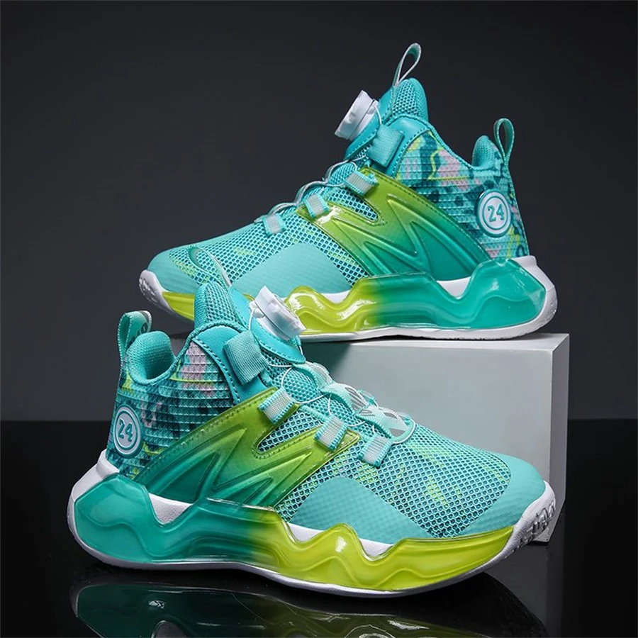 Kid Sneakers Mesh Breathable Boys Basketball Shoes Cushioning Rotating Button Training Athletic Basketball Shoes