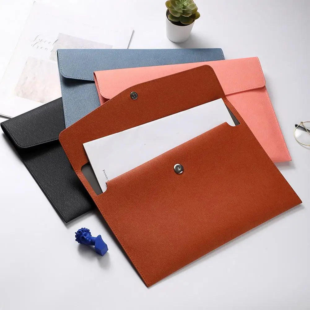 

A4 Documents File Bag Faux Leather Snap Button Closure Solid Color Envelope Files Folder Production Folders Office Accessories