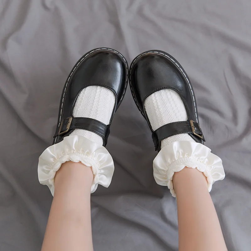 Lolita Socks Women's Ruffle Socks With Frill Black White Kawaii Cotton Lace Socks Low Cut Socks Cartoon Sweet Girls Hosiery