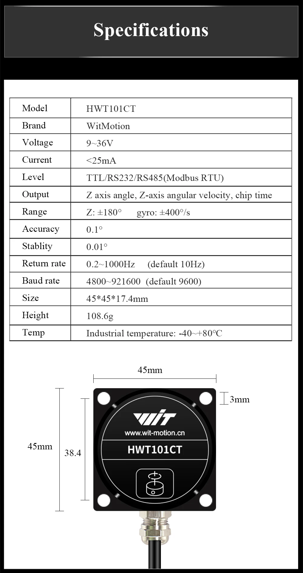 HWT101CT-TTL Кристаллический инклинометр Встроенный высокоинтегрированный модуль