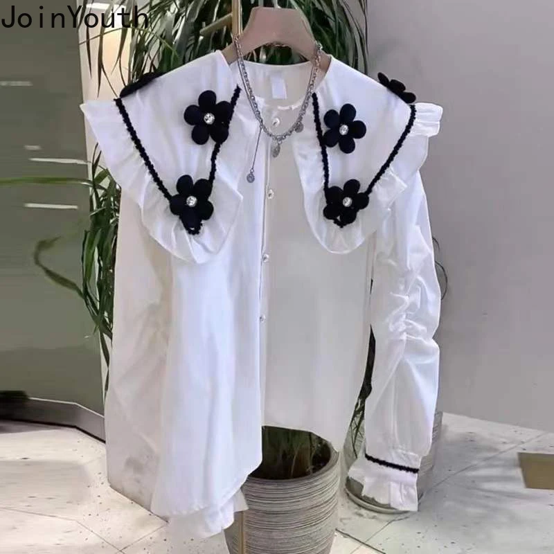Корейские рубашки женские блузки с бисером и цветочным принтом модная женская