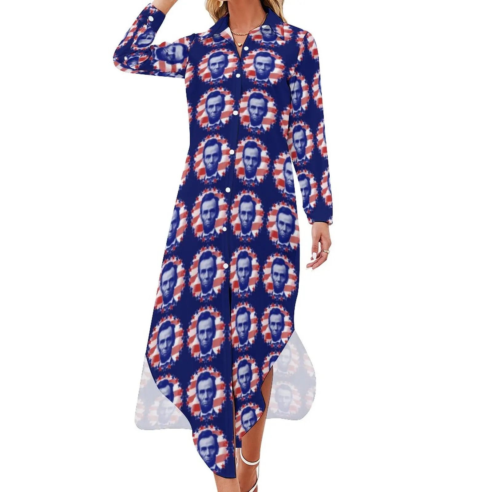 

Stars And Stripes Print Chiffon Dress President Lincoln Modern Dresses Women Long Sleeve Streetwear V Neck Oversize Casual Dress