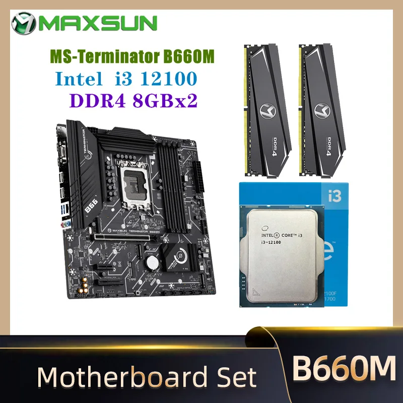 

MAXSUN комплект материнской платы Terminator B660M ЦП Intel i3 12100 LGA1700 [новый, но без кулера] DDR4 8 Гб 2666 МГц x2 компьютер Combo