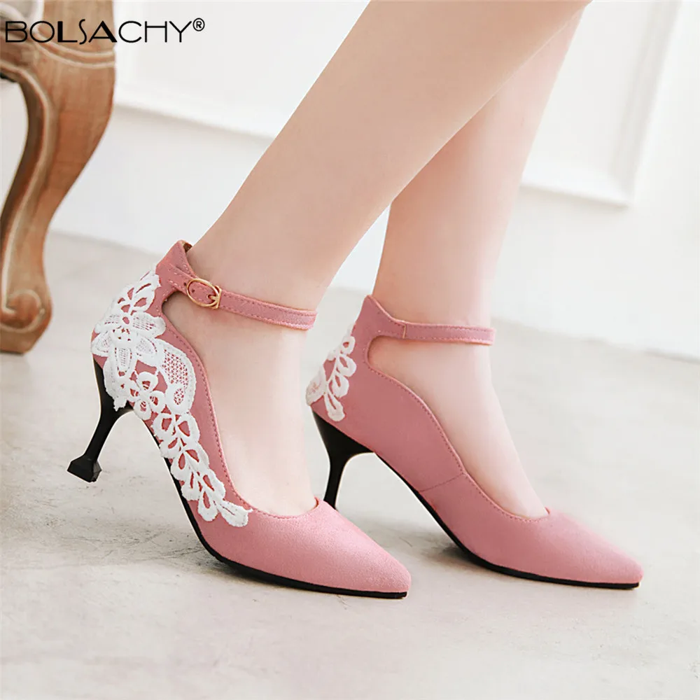 

High Heels Stiletto Heels Pumps Women Office Flock Ankle Strap Pointed Toe Lace Thin Heel Party Shoes Woman Plus Size 31-43 Pink