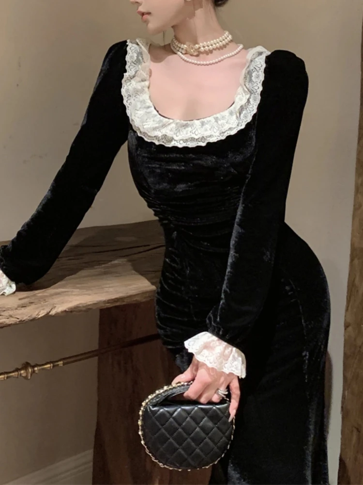 Осеннее женское винтажное шикарное бархатное черное платье с длинным рукавом