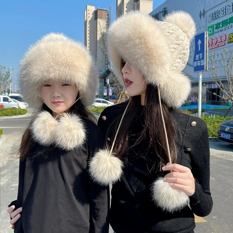 Real Fox Fur Hat For Woman And Children 100% Natural Fox Fur Thickened Hat Boys And Girls  Ear Protection Knitted Cap 