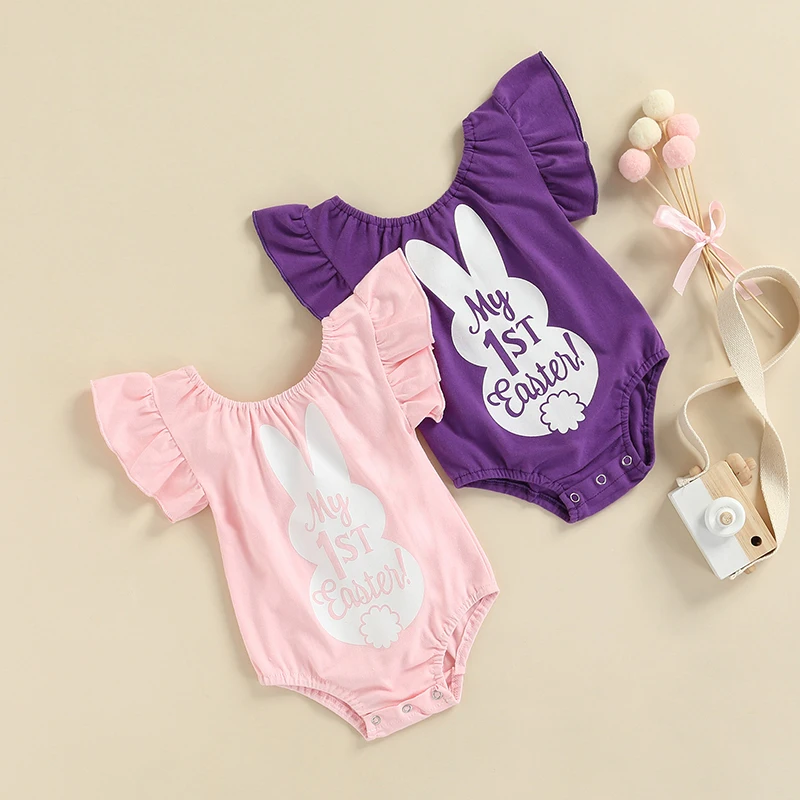 

0-18 Months Short Sleeve Romper Newborn Baby Girls Romper My First Easter Bunny Letter Printed Fly Sleeve Short Jumpsuit