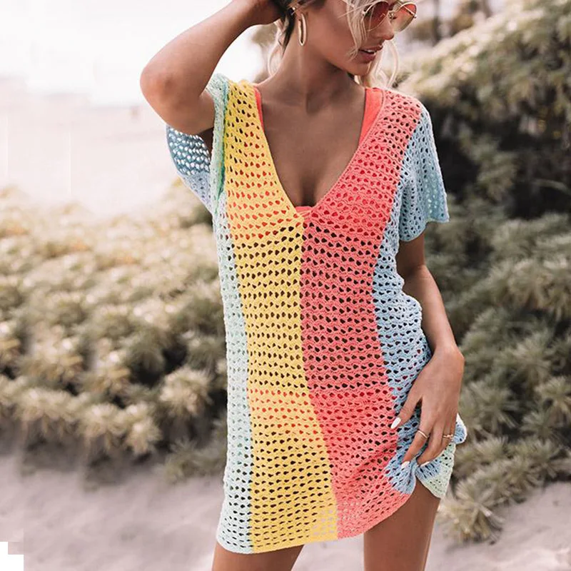 

High Quality Women Dress Summer Short Sleeve Hollow Out Dress Women's Casual Fashion Clothes Bikini Color Block Beach Dress