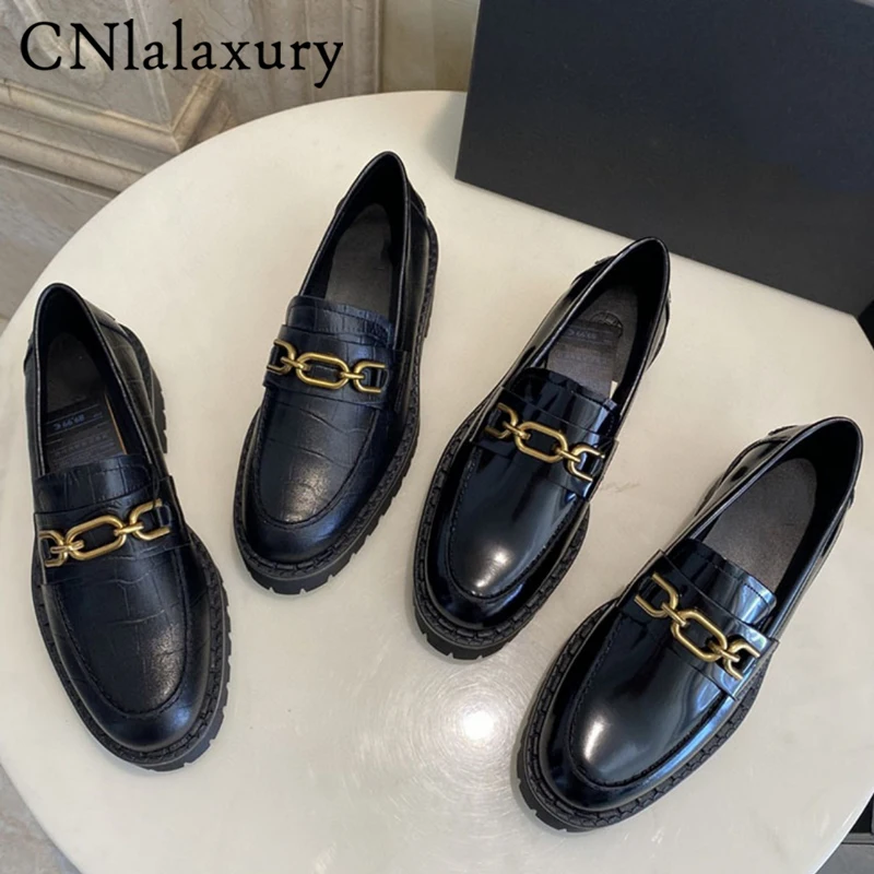 

CNlalaxury 2023 Autumn Fashion Black Genuine Leather Flat Sole Shoes Women Solid Simple Casual Cusp Thick Bottom Britain Shoes