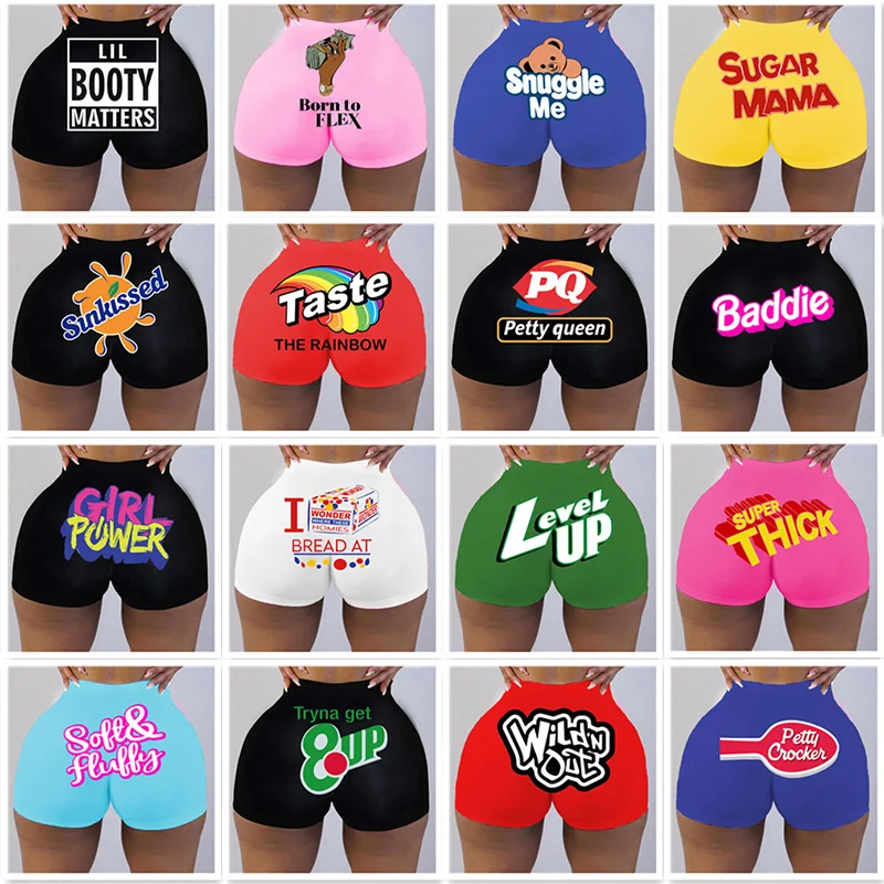

New Women Shorts Summer Letter Candy Print Plus Size Shorts High Waist Stretch Ladies Large Casual Outdoor Sports Cycling Shorts