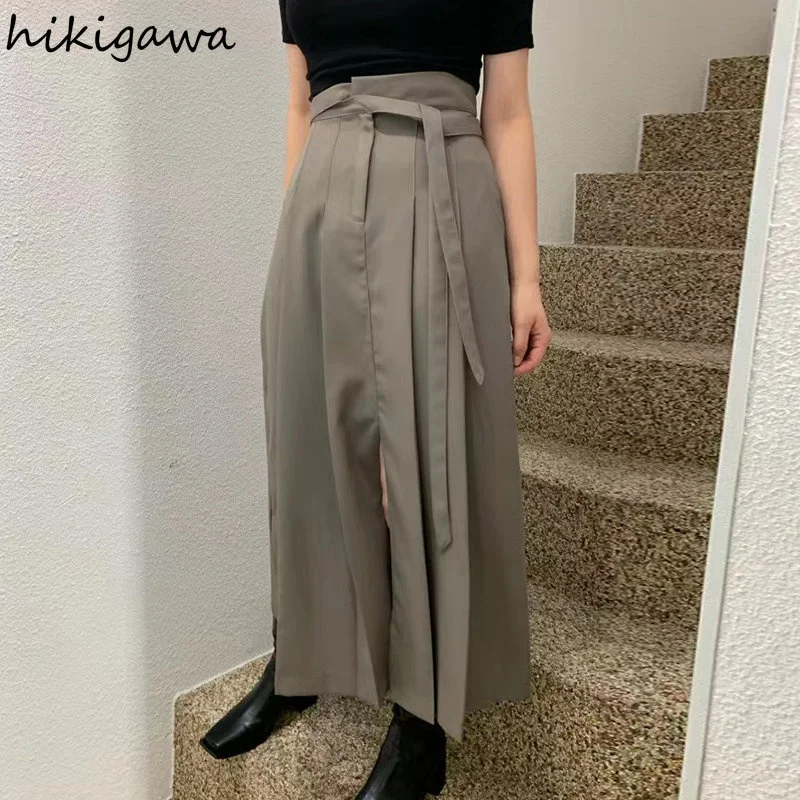 

Модная юбка для женщин на шнуровке с высокой талией однотонная женская юбка 2023 модные корейские плиссированные повседневные длинные юбки ...