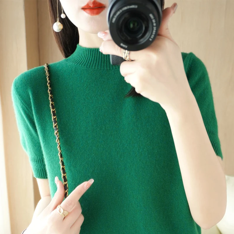 

Temperament Thin Loose Short-Sleeved T-Shirt Sweater Semi-High Collar Bottoming Shirt 2023 Spring Women's Vest Top Sweater