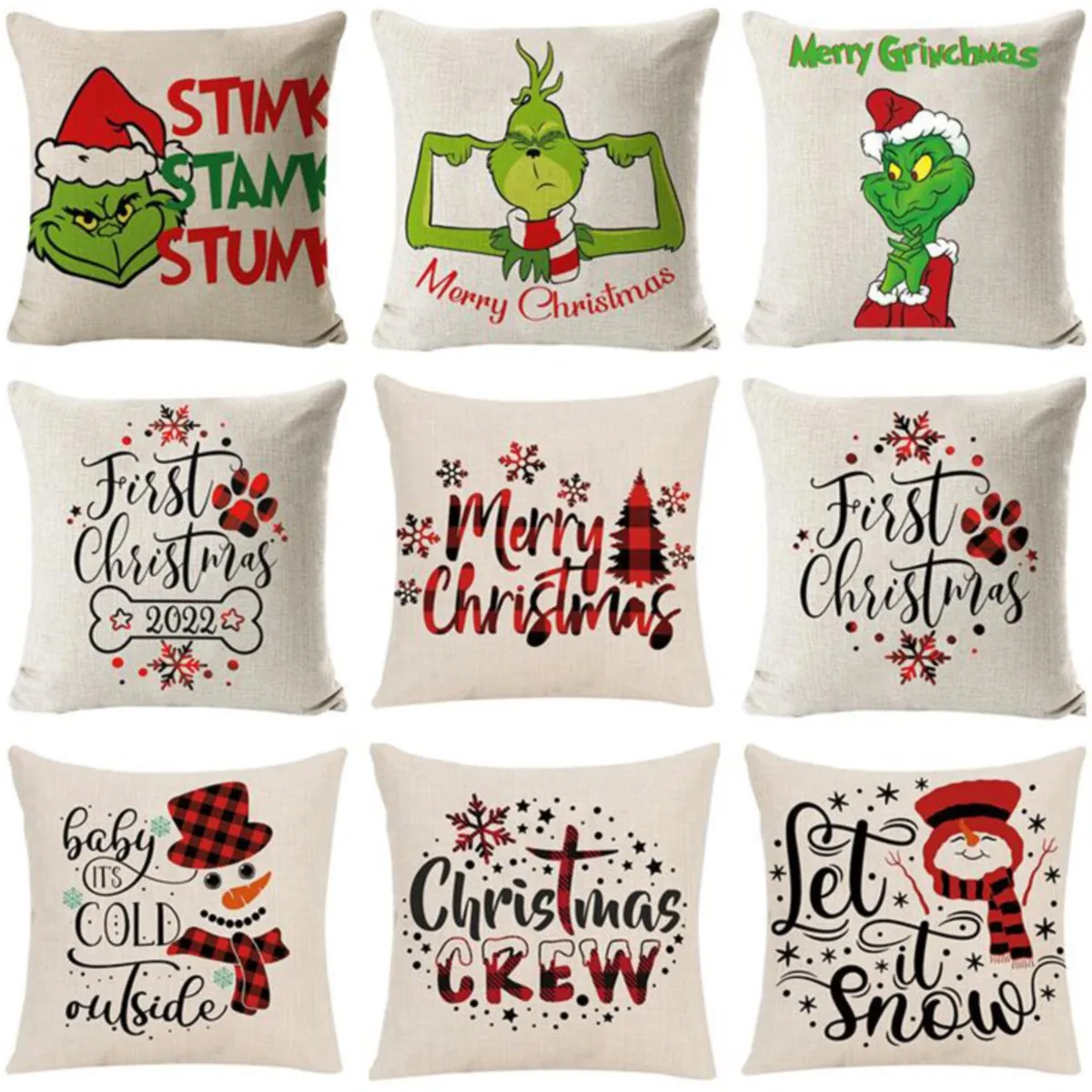

2022 Christmas Pillowcase Printing 100% Linen Santa Snowman Tree Pillow Cases Home Art Decor Sofa Cover Cushion For Bedroom