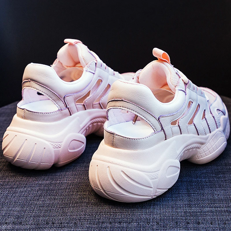 7cm Air Mesh Genuine Leather Women Summer Side Hollowing Soft Sole Platform Wedge Sandals Fashion Chunky Ladies Sneakers Shoes