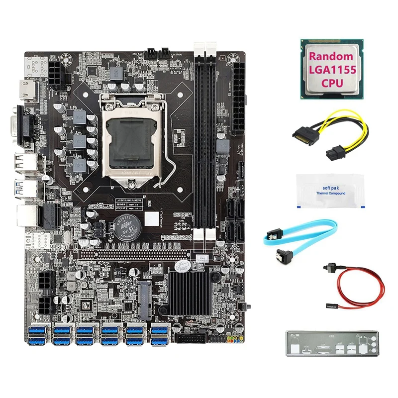 

B75 12USB BTC Mining Motherboard+CPU+SATA 15Pin To 6Pin Cable+SATA Cable+Switch Cable+Baffle+Thermal Grease For ETH