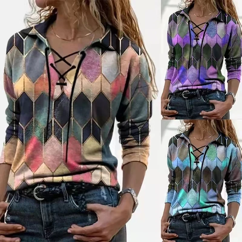 

Women's Urban Casual Lapel Lace-up Top 2021 Fall Color Block Stitching Long Sleeve Loose V-neck T-Shirt Trend Street Style