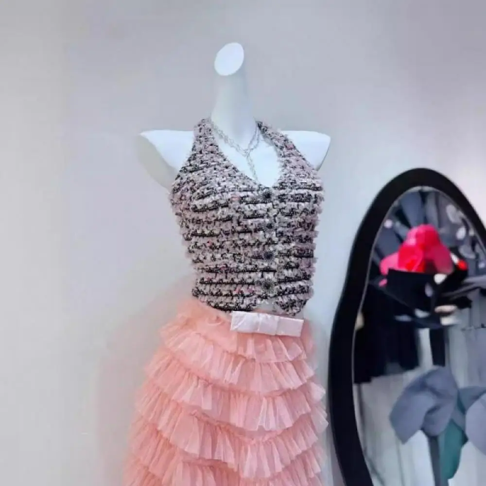 Пикантный женский розовый твидовый тканый жилет на бретельках без рукавов