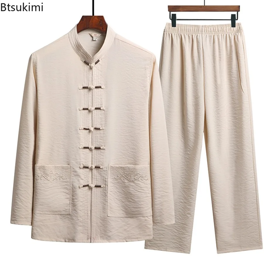 Мужской комплект в китайском стиле: традиционная одежда для весны и осени, свободный повседневный костюм для кунг-фу и тай-чи, восточные ретро-топы и брюки, мужской ханьфу (art.: 3920d87635eec) - 3920d87635eec