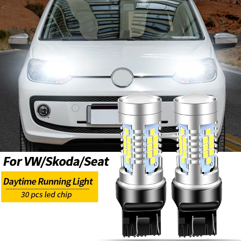 Фото Светодиодные дневные ходовые огни 2 шт., лампа DRL Canbus W21/5 Вт 7443 T20 для VW Up e-UP Caddy MK4 Touareg 7P Beetle Skoda Citigo Seat Mii №1