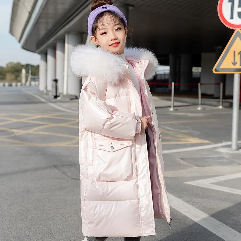 2022 New Winter Down Jacket Girls Long Hooded Parka Button Pocket White Duck Down Trending Real Fur Collar Kids Clothes TZ424