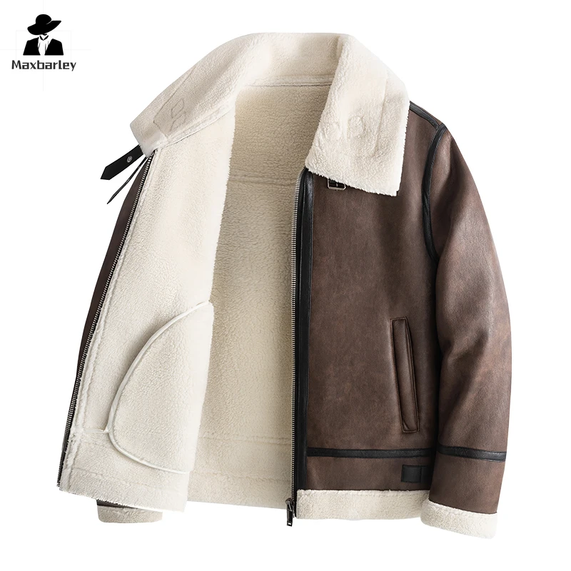 2024 новая кожаная куртка мужская зимняя винтажная черная толстая теплая на меху с