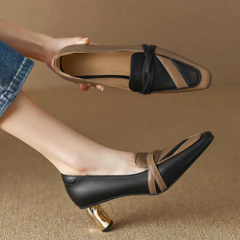 Cialisa Women Pumps New 2023 Spring Fashion Genuine Leather Mixed Colors Shoes Square Toe Strange Style High Heel Lady Footwear