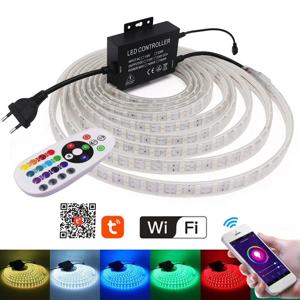

WiFi RGB LED Strip Light 220V SMD5050 120Leds/m Double Row Ribbon 1500W Control Remote Flexible LED Tape Rope Wateproof Stripe