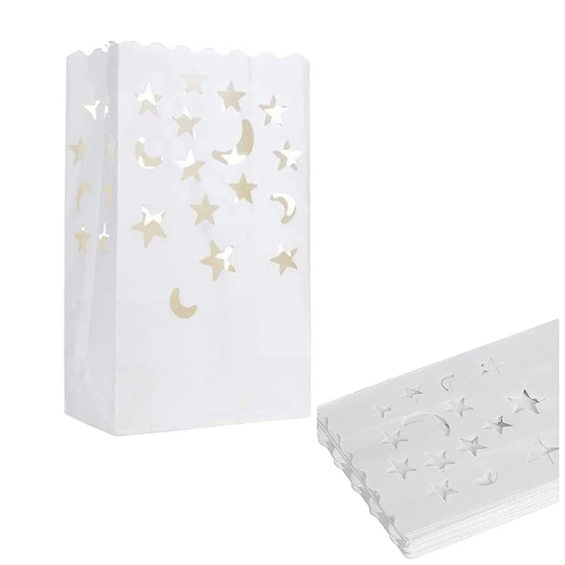 

50Pcs White Luminary Candle Bags Special Lantern Luminary Bag With Stars Moon Durable & Reusable Fire-Retardant Material