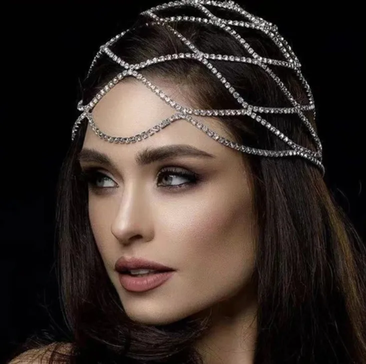 

1 Pcs Multi-layer Mesh Bridal Headband Full Rhinestone Head Chain Hollow Hair Accessories Crystal Headpiece Cap Hat Jewelry