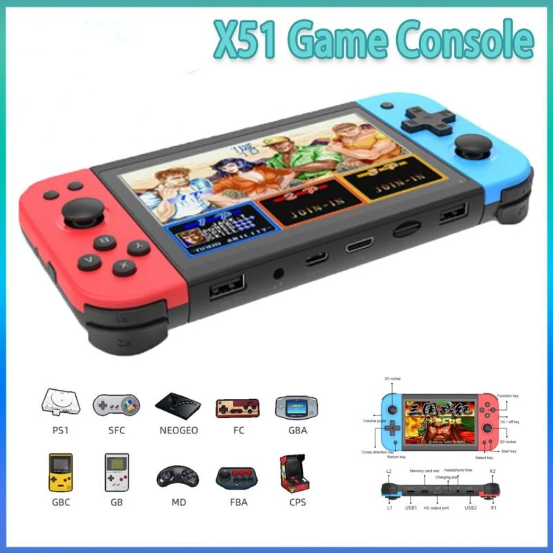 2022 X51 New Handheld Game Console 5 Inch Large Screen Children Gift Toy Game Player Supports Controllers PS1 Emulator Genuine