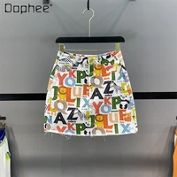 sexy womens colorful letter printed short denim skirt 2022 summer new kawaii high waist a line frayed mini hip skirts ladies