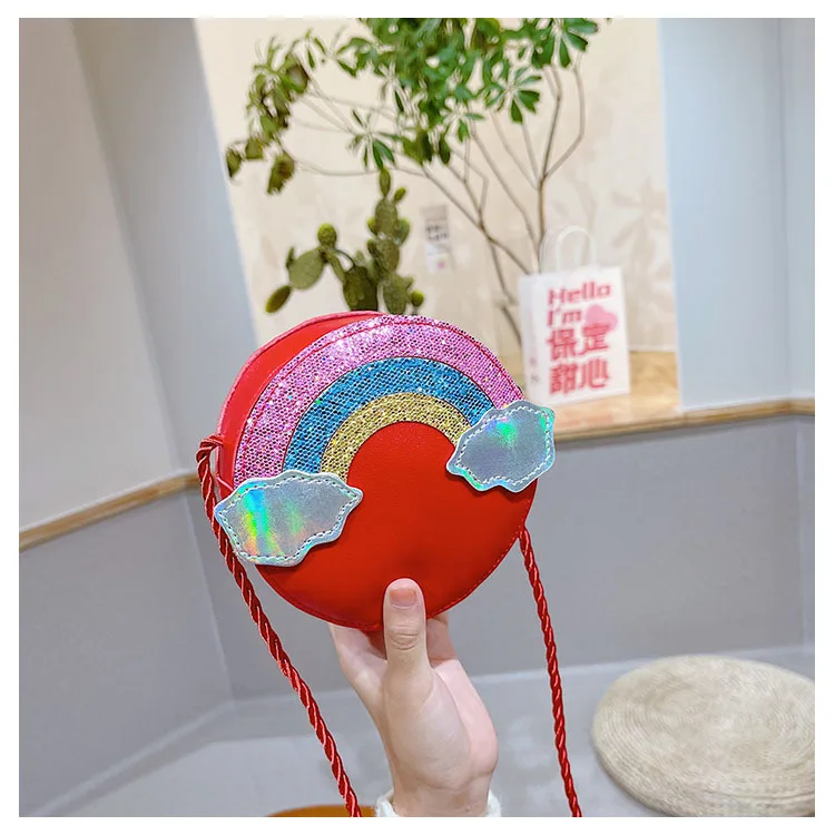 Sequined Girls Small Round Shoulder Bag Rainbow Little Kids Solid Color Coin Purses Handbag Pu Leather Children Crossbody Bags