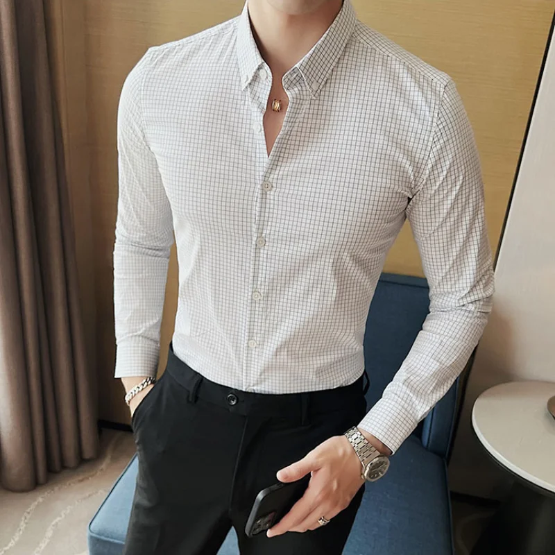 High Quality Long-sleeve Shirts Men's Fashion Plaid Casual Business Formal Dress Shirt Slim Fit Social Blouse Men Clothing 2022