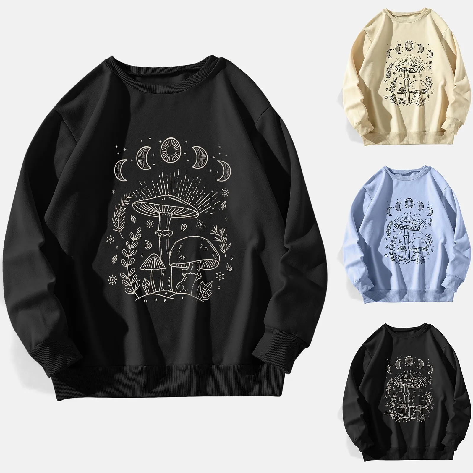 

Womens Fashionable Long Sleeved Sweater Solid Color Top All With Mushroom Printed Pullover Full Zip Hoodies Women Color Blouse