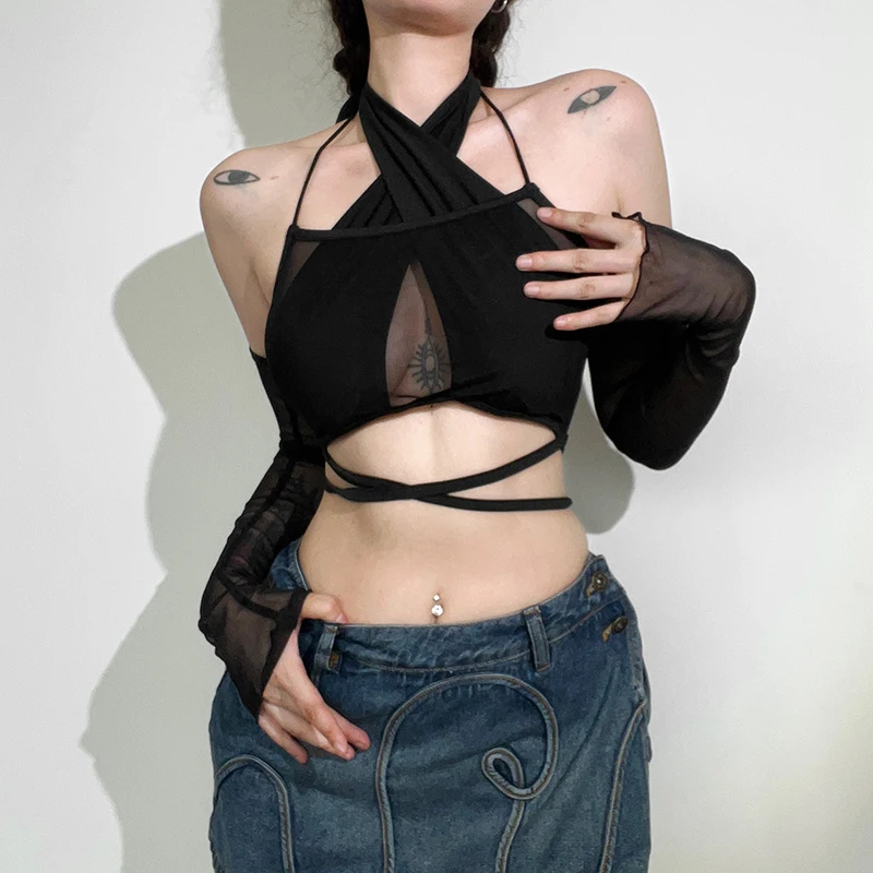 

#Sisjuly# European and American style hot girls wear sexy gauze cross bandage neck vest suspender women look thin and trendy