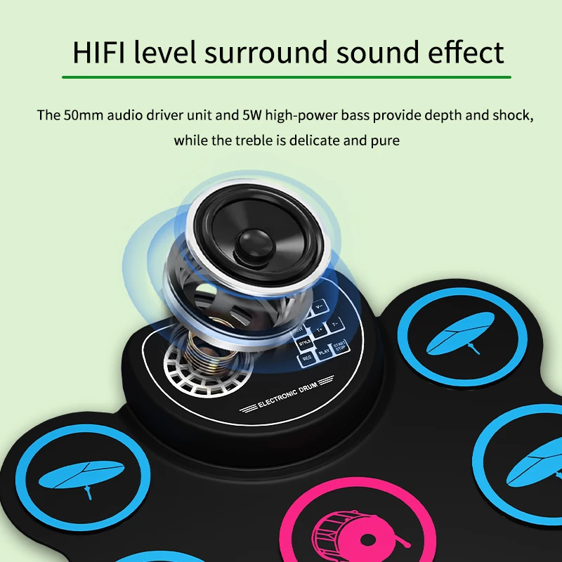 Фото Складной электронный барабанный комплект с Bluetooth и MIDI, встроенным динамиком, батареей 1200 мАч, поддержкой игры DTX для начинающих детей. №3