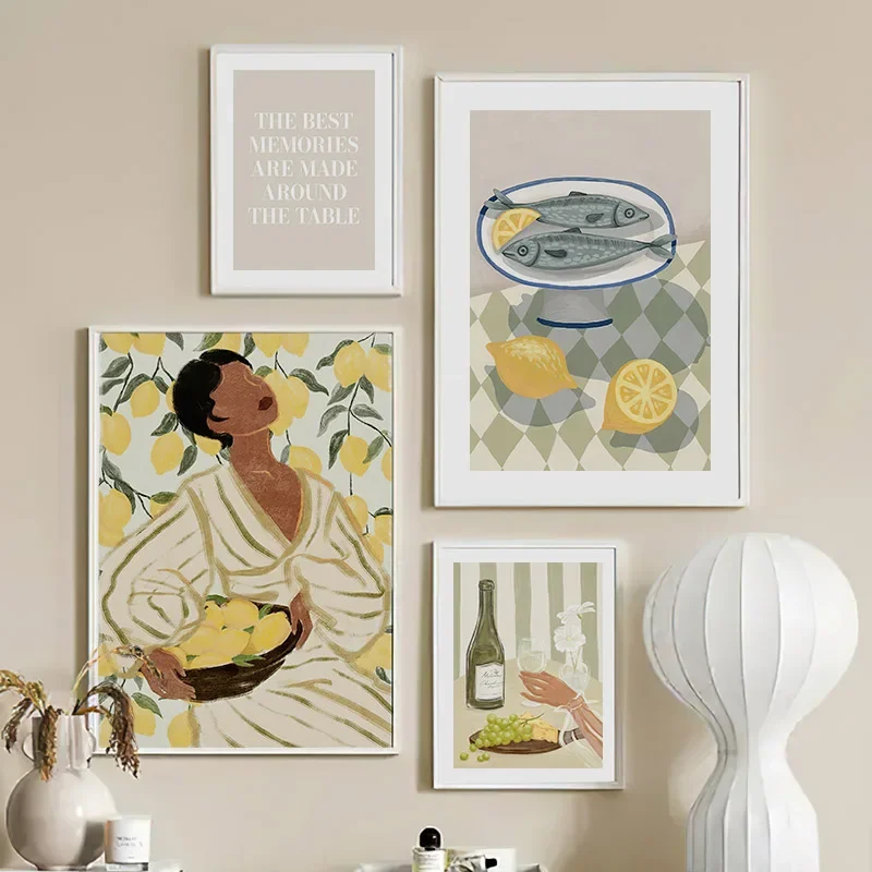 Абстрактная манго рыба вино женщина сыр цветок Картина на холсте скандинавские