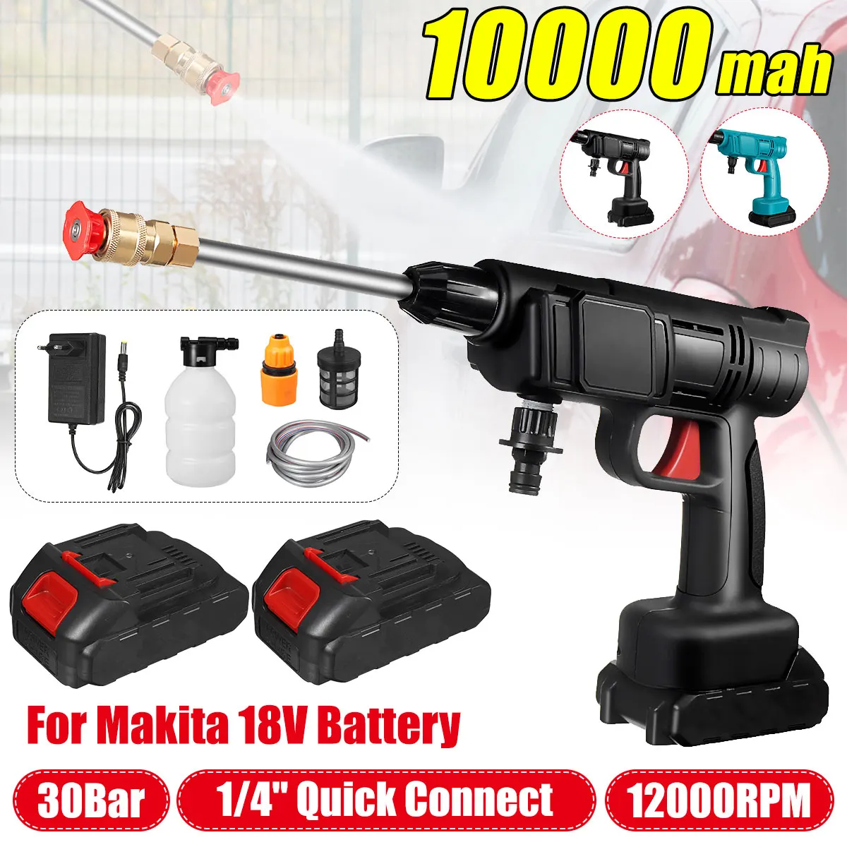 

20Bar 10000mAh Cordless Electric High Pressure Washer Rechargeable Auto Car Washing Spray Gun Water Gun for Makita 18V Battery