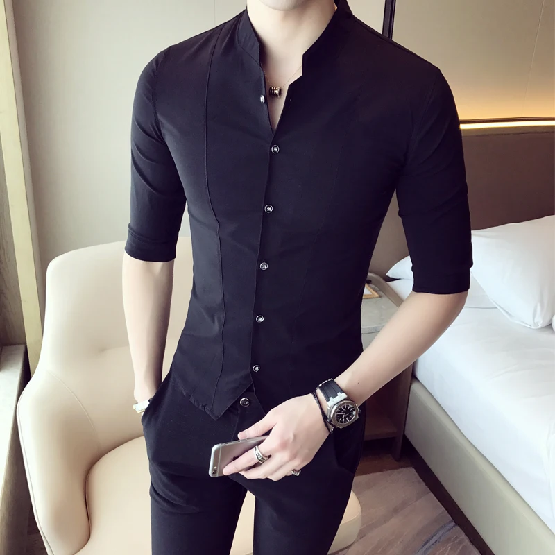 2022 Stand Collar Chinese Style Shirt Men Slim Fit Clothes Male Half Sleeve Fashion Summer Solid Color Designer Night Club Tops