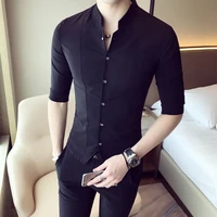 2022 stand collar chinese style shirt men slim fit clothes male half sleeve fashion summer solid color designer night club tops