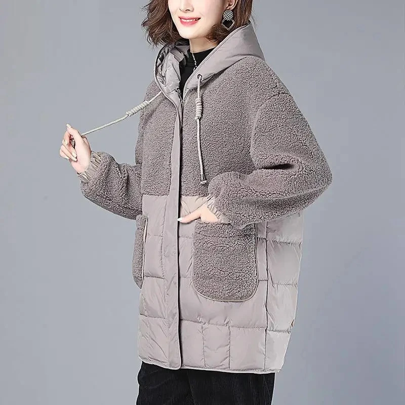 Down Cotton Jacket Women 2022 Winter New Korean Fashion Loose Casual Padded Coat Large Size Hooded Imitation Lamb Wool Outerwear