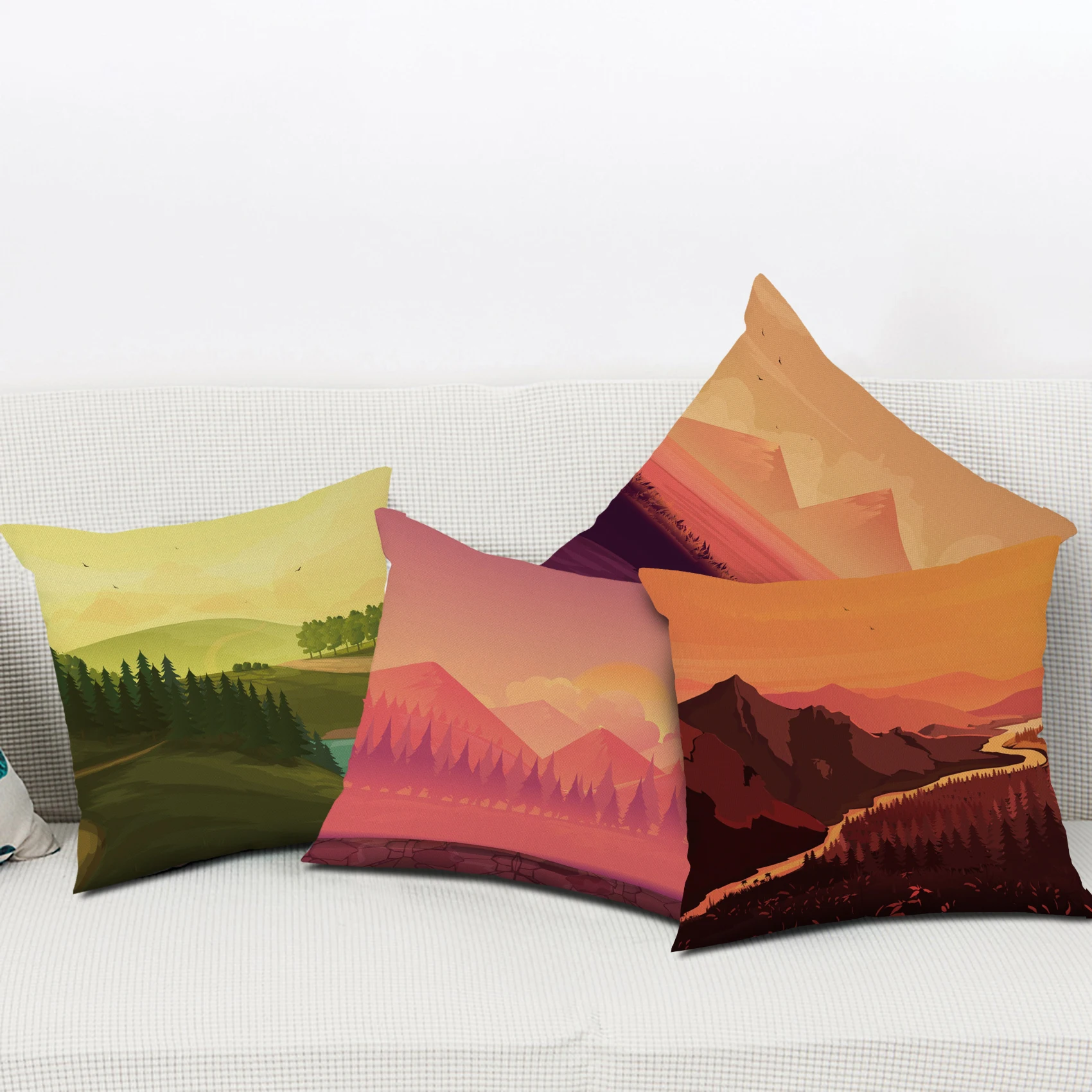 

Mountain Landscape Throw Pillow Case, Mountain Mural, Sunset in Mountains, Birds Flying in Mountains Cotton Linen Square Pillow