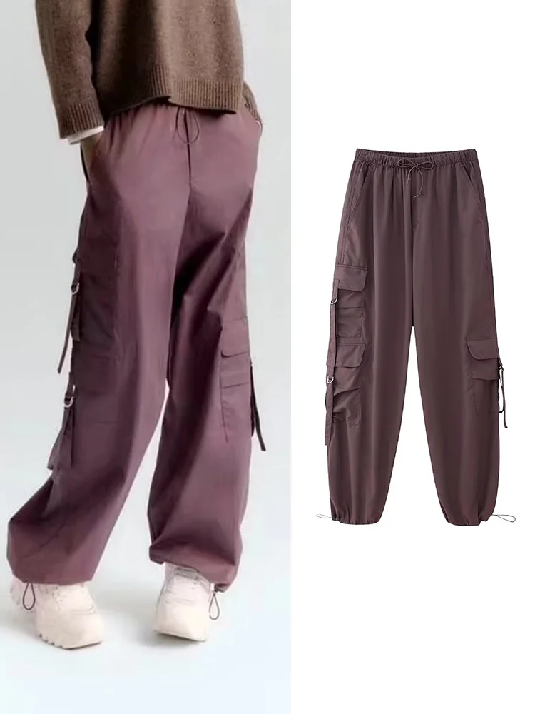 

RDMQ 2023 Solid Ladies Elastic Waist Cargo Pants Spring Autumn Fashion High Street Female Causal Pockets Long Trousers