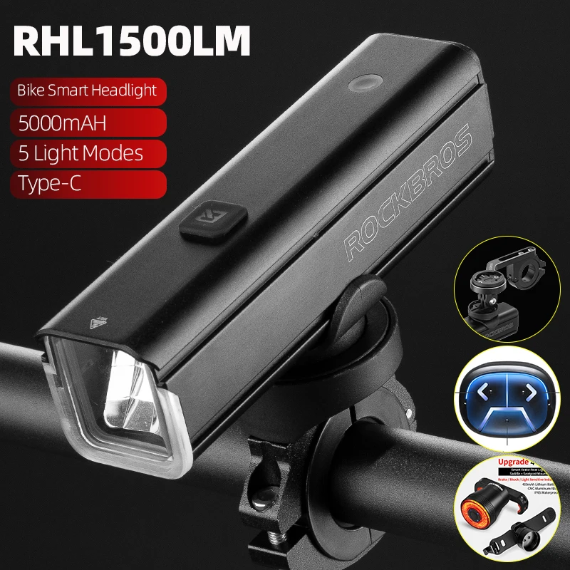 

ROCKBROS Bike Front Light 1500LM 5000mAH Battery Bicycle Light Aluminum Smart Sense LED Lamp Flashlight Cycling Headlight