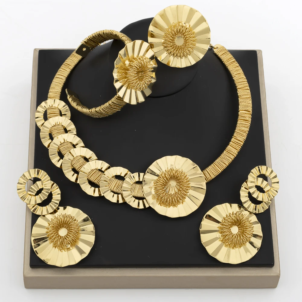 

YM Gold Color Jewelry Dubai Gold Plated Jewelry Set For Women Fashion Style Copper Necklace Bracelet Earring Rings Jewelry