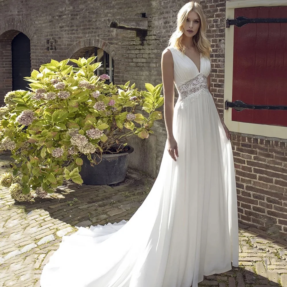 

Bohemian Wedding Dresses V-Neck Sleeveless Chiffon Dress A-Line Lace Belt Backless Long Sweep Train Bridal Gown свадебное платье